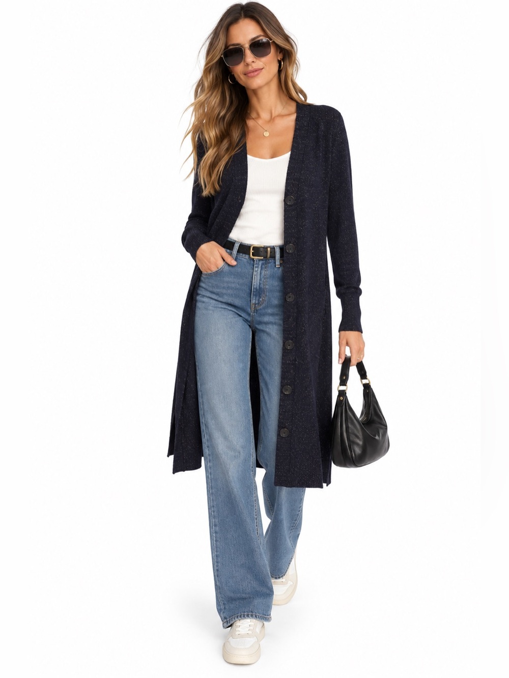 We The Free People Navy Sparkle Metallic Ribbed Long Duster Cardigan Sweater L
